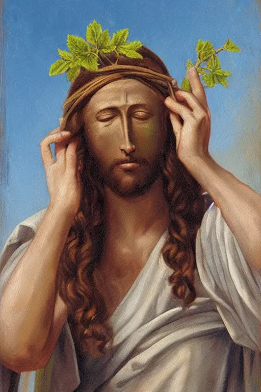 Prompt: painting of blindfolded jesus christ holding a cornucopia