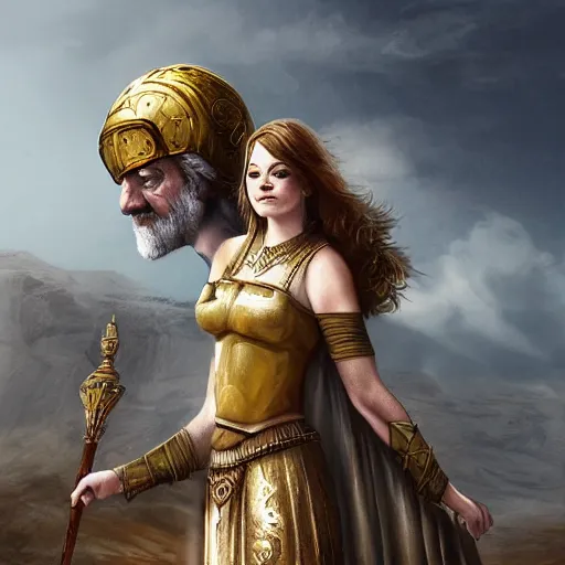 Image similar to tiny Emma Stone as ancient greek woman in golden helmet standing on giant grey-haired bearded male face in the sky, epic fantasy style art, fantasy epic digital art