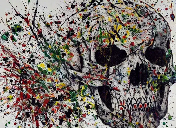 Prompt: a splattered painting by jackson pollock showing a skull, ultradetailed fine art printing,