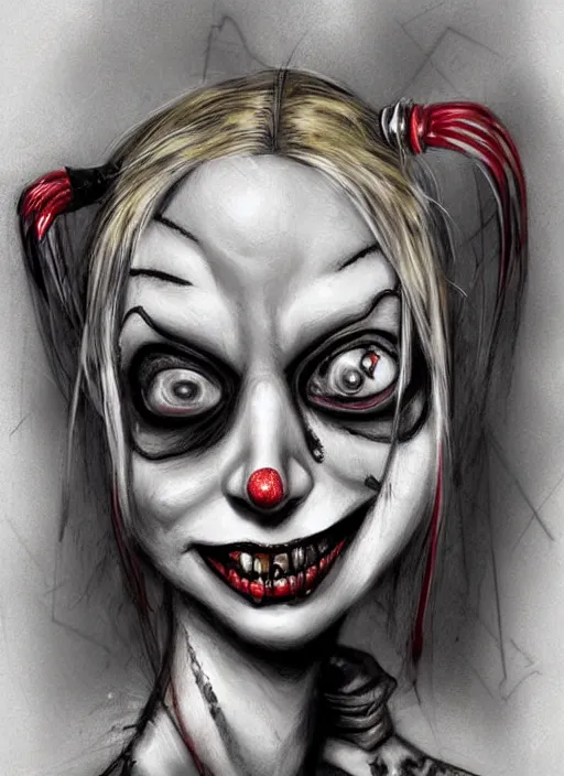 Image similar to surrealism grunge cartoon portrait sketch of harley quinn, by michael karcz, loony toons style, freddy krueger style, horror theme, detailed, elegant, intricate