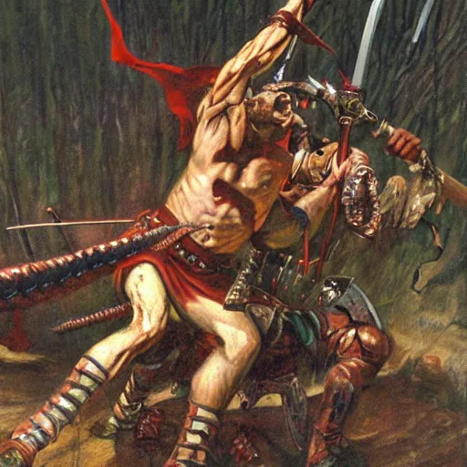 Image similar to martin the warrior battling Asmodeus the serpent by James Gurney