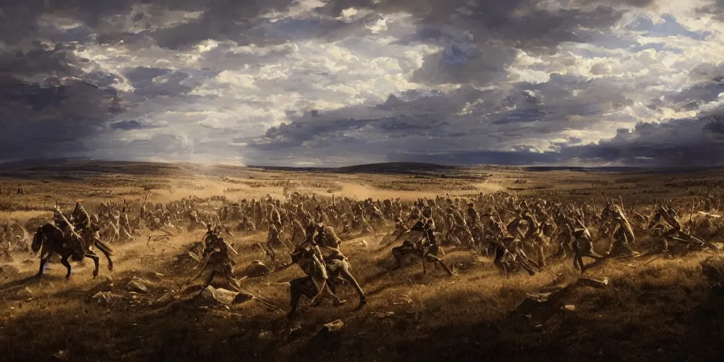 Image similar to image landscape portrait from the battle of little bighorn ( 1 8 7 6 ), majestic sweeping action, cinematic lighting, dramatic lighting, cinematic lighting, hyperdetailed, artstation, cgsociety, 8 k, 4 k, imax 7 0 mm