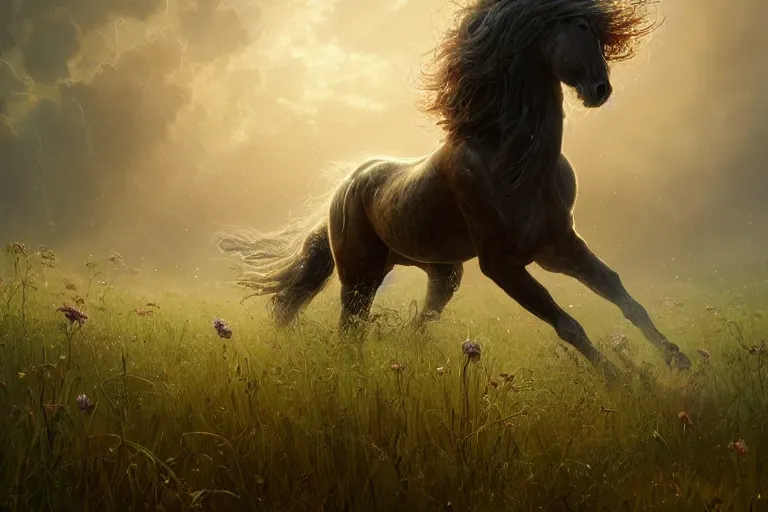 Image similar to a stunning horse with a mane of bioluminescent vines and flowers running through a meadow by greg rutkowski, high key lighting, volumetric light, digital art, highly detailed, fine detail, intricate, ornate, complex, octane render, unreal engine, photorealistic