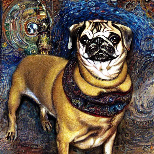 Prompt: pug dog analog electronic circuitry, intricate detail, painting, jazz age, klimt, royo, frazetta, whealan,