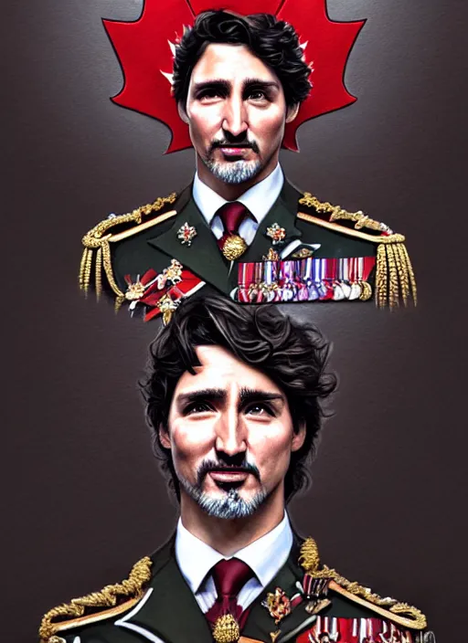 Prompt: portrait of supreme leader justin trudeau, royalty, extravagant, lord, full body, military uniform, fantasy, intricate, elegant, beautiful, highly detailed, charcoal, centered, dark, smokey, digital painting, artstation, concept art, art by artgerm and greg rutkowski and alphonse mucha