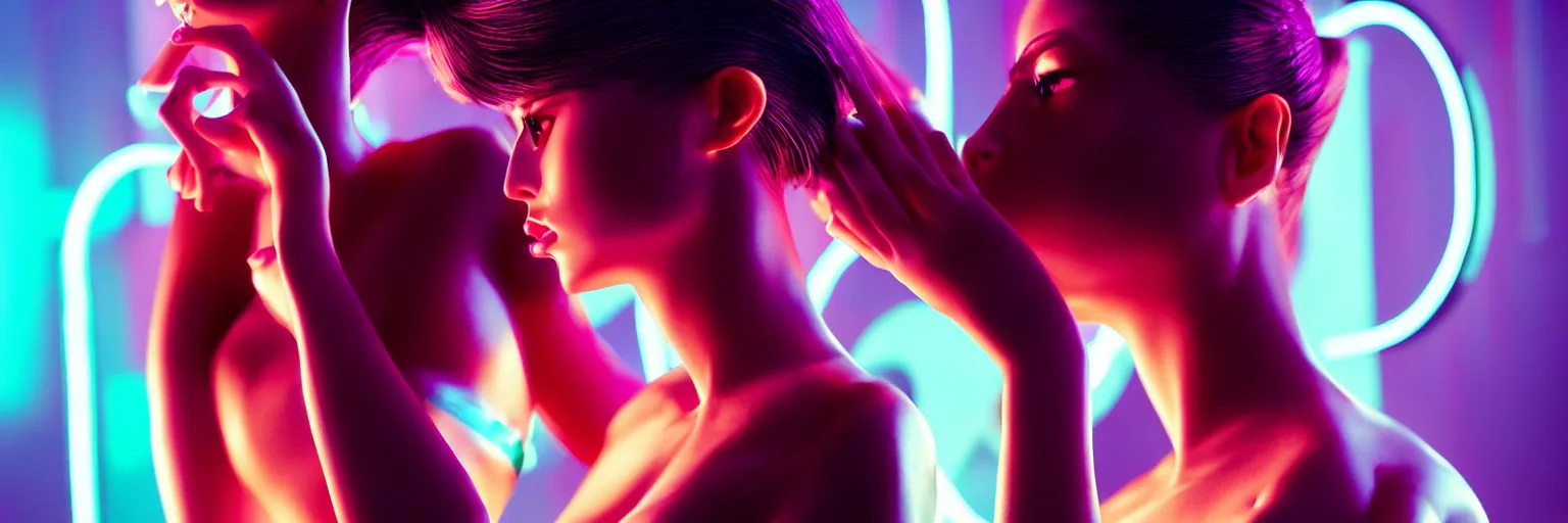 Image similar to 2 0 0 mm lens photography of a few female humanoid cropped tight portrait, cyberpunk high fashion, elegant profile pose, cyber neon lighting, retro futurism, retro futuristic glossy latex bikini, bokeh background, profile posing, hyper photorealistic, crispy quality, digital photography, art by artgerm, art by greg rutkowski,