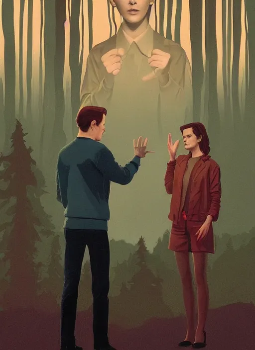 Image similar to Twin Peaks movie poster artwork by Michael Whelan and Tomer Hanuka, Rendering of Emma Watson & Kiernan Shipka meeting David Bowie the god spirit, from a scene from Twin Peaks, clean, full of detail, Matte painting, trending on artstation and unreal engine