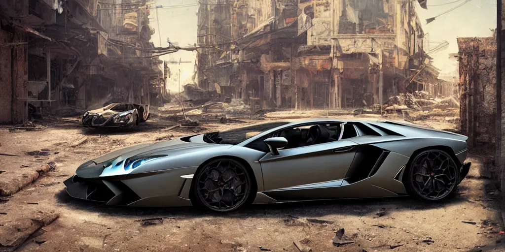 Image similar to lamborghini aventador in the abandoned city by frank frazetta, greg rutkowski, beeple, yoko taro