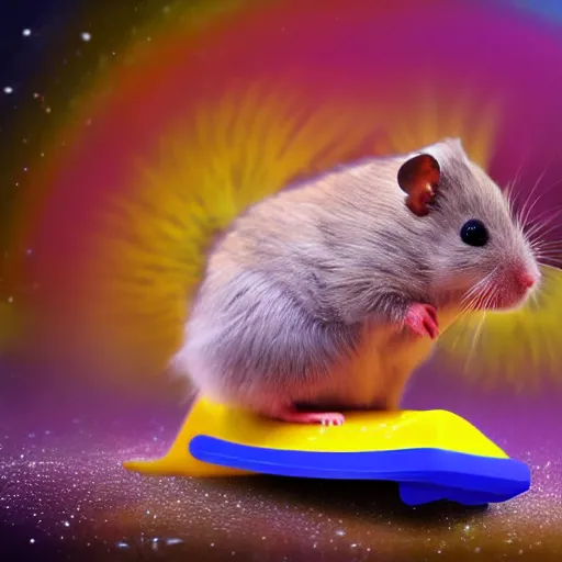 Prompt: hamster skating through space, colorful, realistic, photorealism