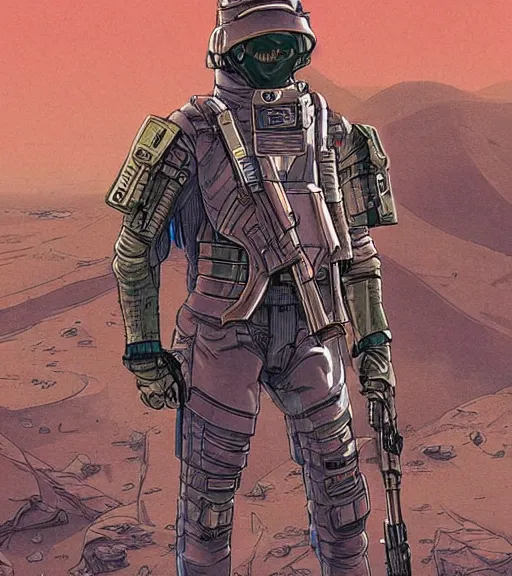 Image similar to a cyberpunk soldier with tactical gear and a rifle patrols a Japanese city on mars, Industrial Scifi, detailed illustration, character portrait, by Martin Grip and Moebius