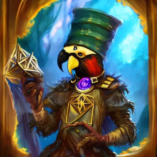 Image similar to Magic the gathering artwork of Anthropomorphized parrot trader in his shop, shelves full, selling a gem, portrait, items, magic potions, carpet, window, fancy funny hat, sly expression , cunning expression, cute expression, presenting magic gem, D&D, fantasy, cinematic lighting, highly detailed, digital painting, artstation, concept art, smooth, sharp focus, illustration, warm light, cozy warm tint, magic the gathering artwork, volumetric lighting, 8k, no gold, no gold colours, art by Akihiko Yoshida and Greg Rutkowski