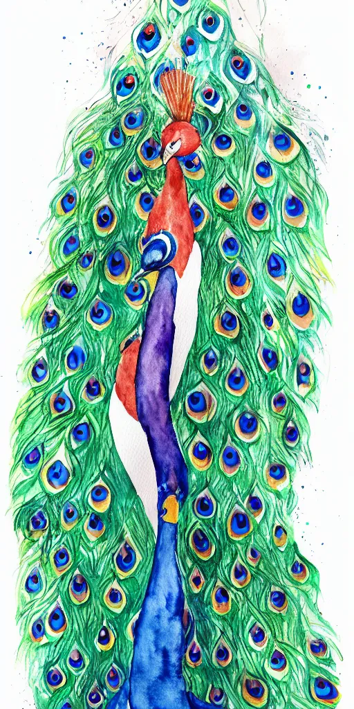 Premium Photo | A watercolor drawing of a peacock with a blue tail.