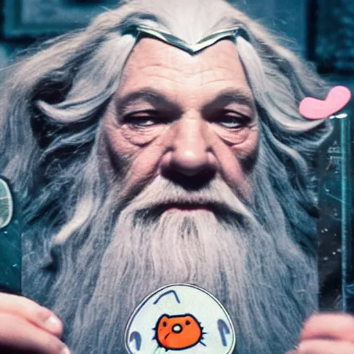 Image similar to portrait of gandalf, Hello Kitty headgear, holding a blank playing card up to the camera, movie still from the lord of the rings