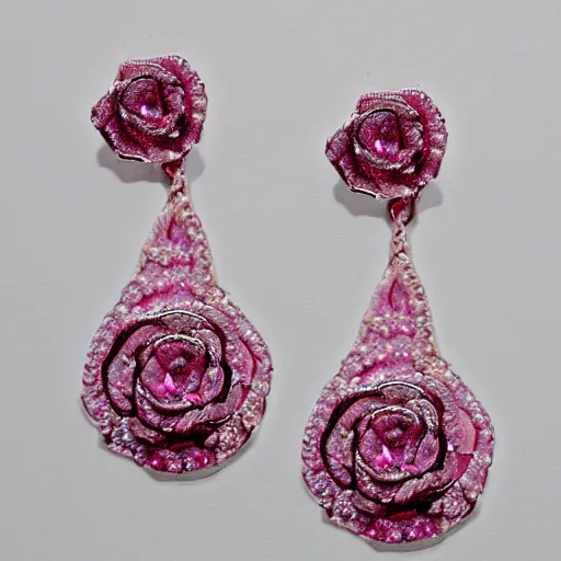 Image similar to jewelry design, a pair of pink crystal rose earrings