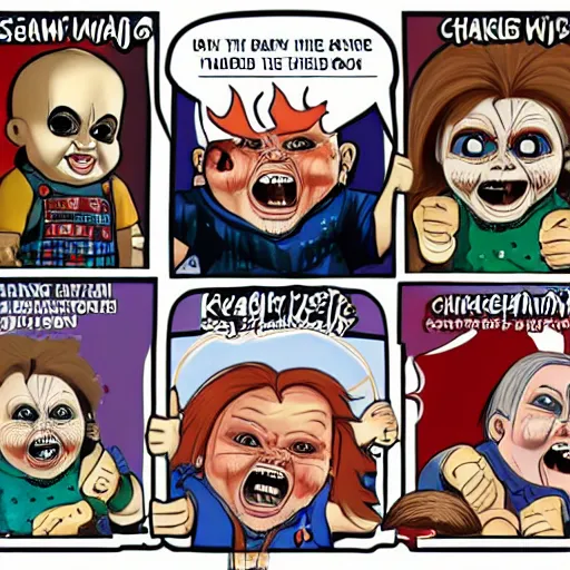 Prompt: screaming chucky doll chasing george rr martin