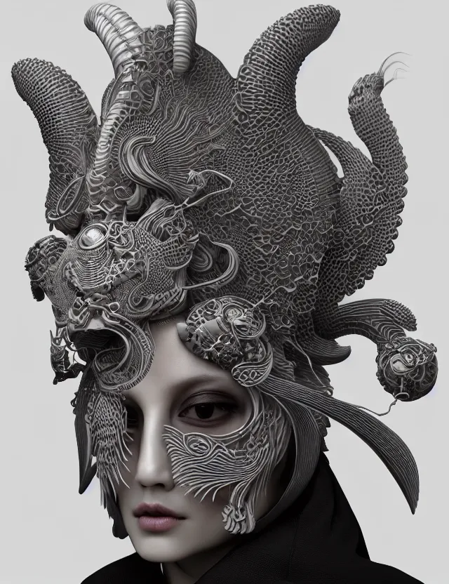 Image similar to 3 d goddess close - up profile portrait of cultist monk in hooded robe with ram skull. beautiful intricately detailed japanese crow kitsune mask and clasical japanese kimono. betta fish, jellyfish phoenix, bio luminescent, plasma, ice, water, wind, creature, artwork by tooth wu and wlop and beeple and greg rutkowski