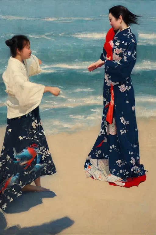 Prompt: wind, koi, kimono, beach, fabric blowing in the wind, sunlight, jeremy lipking, joseph todorovitch