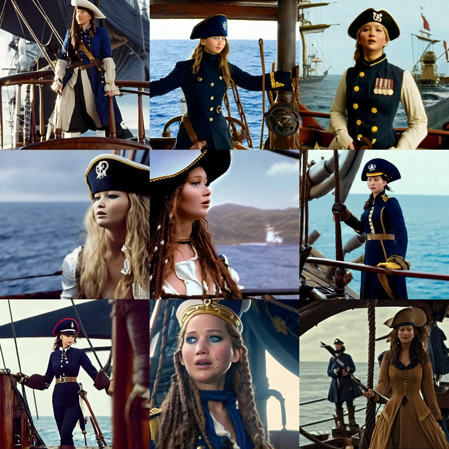 Prompt: Jennifer Lawrence as Admiral Norrington, wearing full Navy dress uniform and a tricorn hat, on the deck of a ship, film still from 'Pirates of the Carribean: Curse of the Black Pearl'