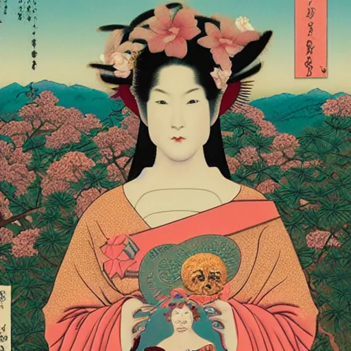 Image similar to an 3 d rendering of the goddess of women from a wes anderson film looking at the camera surrounded by lush flowers mark ryden, realism ukiyo - e 8 k