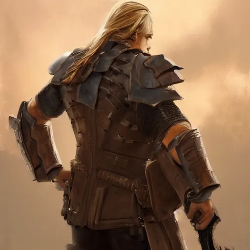 Prompt: rear side portrait of a muscular, ponytail haired blonde man with a armored left arm, wearing a brown leather coat, one side of the body scarred, looking to left, DnD, fantasy, digital art by Ruan Jia