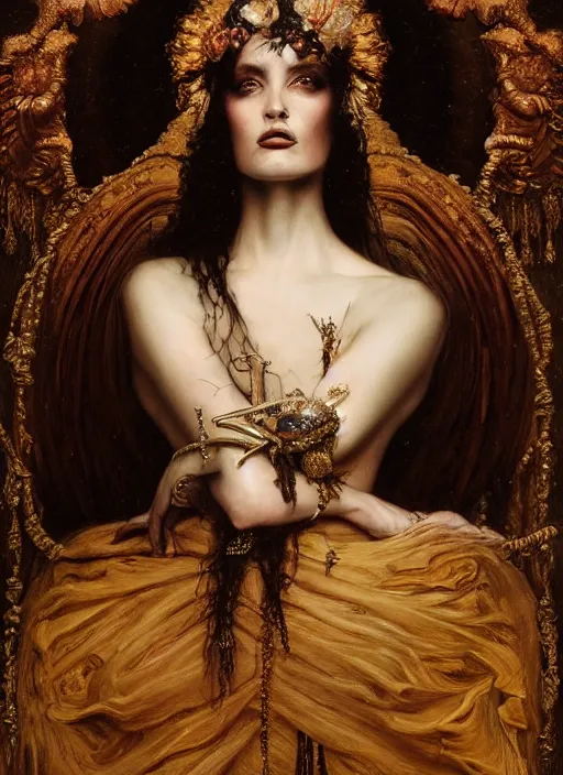 Prompt: highly detailed oil painting | very intricate | cinematic lighting | award - winning | portrait of the goddess of goth dressed by alexander mcqueen | by roberto ferri, by tom bagshaw, by j. c. leyendecker and klimt, american romanticism, by austin osman spare, artstation, cgsociety, official art, octane