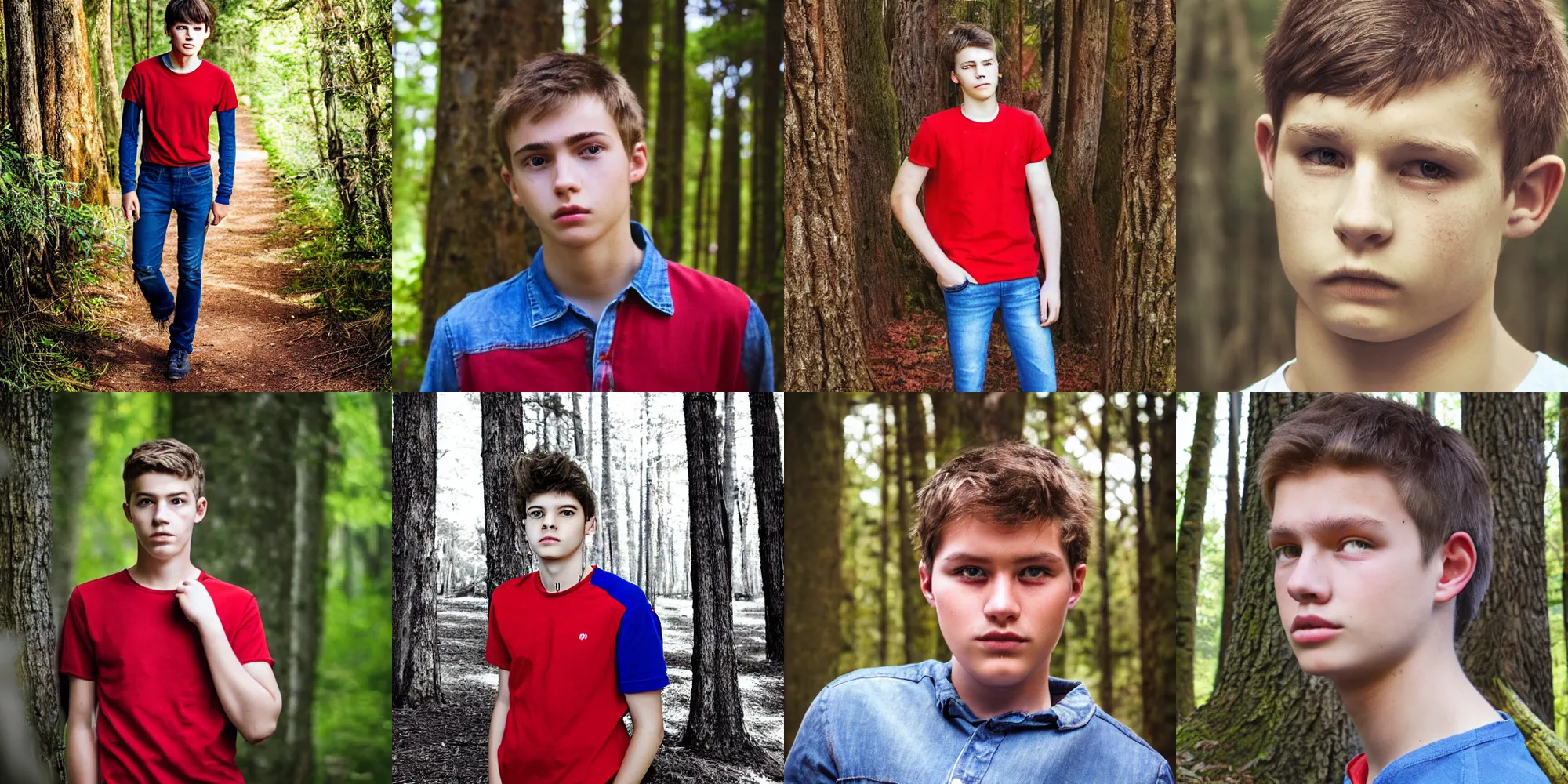 Prompt: portrait, teenager, red shirt, blue jeans, walking in forest, detailed face, realistic photo.