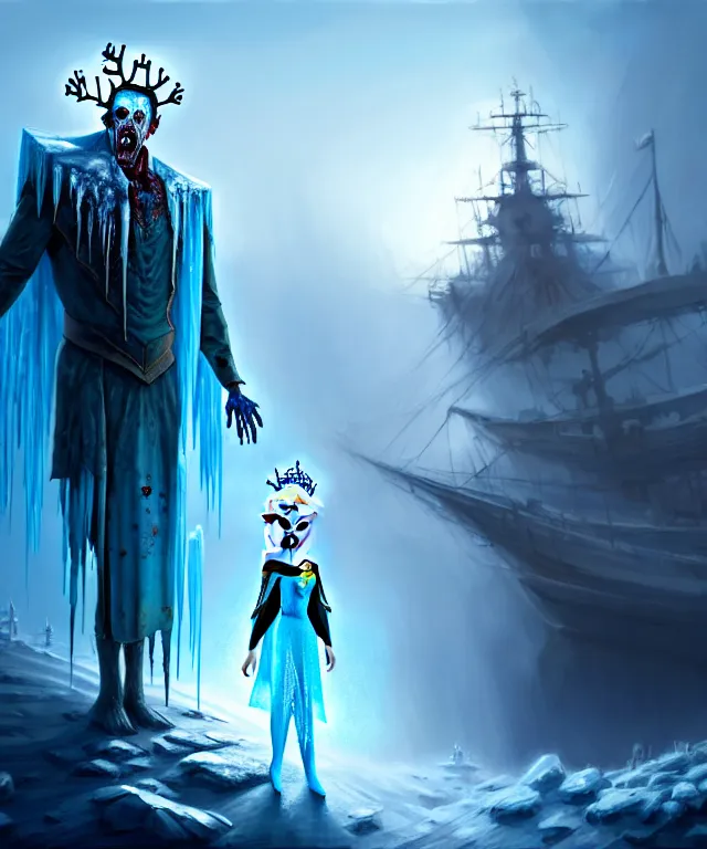 Image similar to frozen zombie man with a crown, eyes glowing blue, saling ship in the background, is at dawn and bluish, fantasy, intricate, elegant, digital painting, highly detailed, artstation, sharp focus, illustration, concept art, ruan jia, steve mccurry