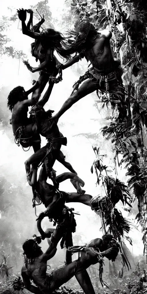 Image similar to editorial photo of brutal battle in burning jungle, african and Amazonian climbing onto another and fight, epic, vintage, blood, slight inspiration of Boris vallejo and apocalypto, war photography