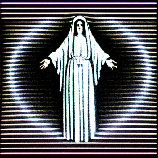 Image similar to vhs static overlay of marian apparition, vhs, 1 9 9 0, highly realistic, highly detailed, vhs noise static, black and white, vhs glitch