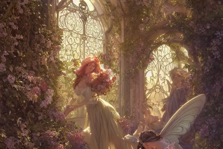 Image similar to ultra realistic illustration, baroque fairy gateway to flowerland from diablo and baldurs gate, intricate, elegant, highly detailed, digital painting, artstation, concept art, smooth, sharp focus, illustration, art by artgerm and greg rutkowski and alphonse mucha