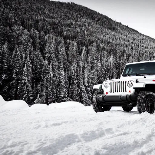 Prompt: white jeep wrangler driving up steep snowy mountain ridge on edge of a cornice, dramatic lighting, cinematic, photo realism