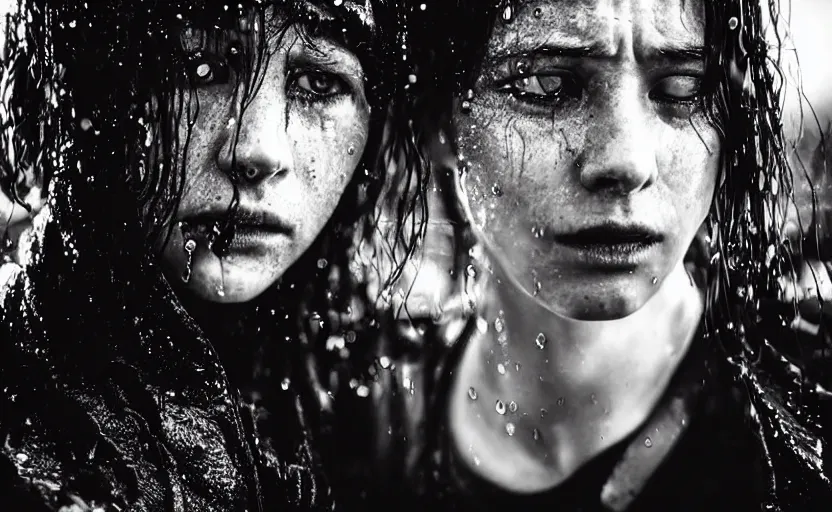 Image similar to cinestill 5 0 d candid photographic portrait by christopher nolan of two loving female androids sobbing wearing rugged black mesh techwear in treacherous waters, extreme closeup, modern cyberpunk moody emotional cinematic, pouring iridescent rain bright spotlight, 8 k, hd, high resolution, 3 5 mm, f / 3 2, ultra realistic faces, ex machina