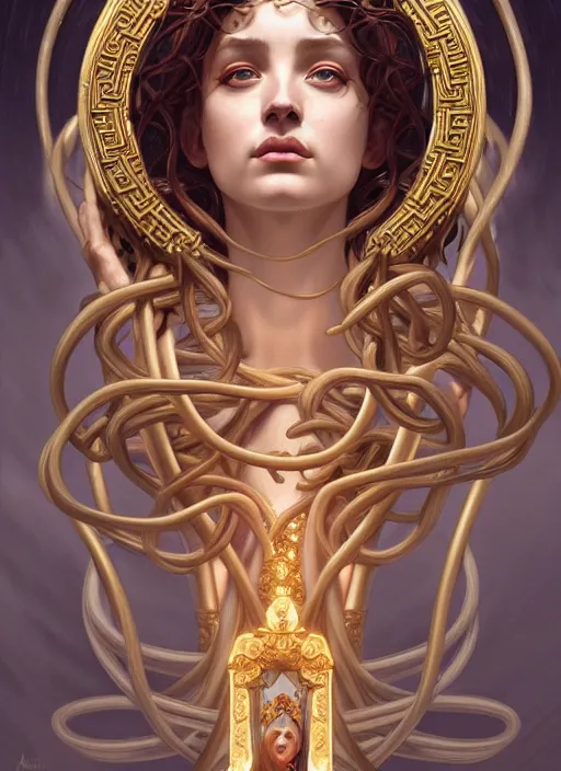 Image similar to symmetry!! portrait of medusa, greek mythology, ancient greece, intricate, elegant, highly detailed, digital art, digital painting, artstation, concept art, sharp focus, illustration, art by artgerm and greg rutkowski and alphonse mucha, 8 k