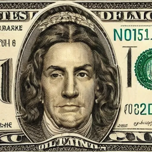 Prompt: ultra realistic $1 bill with a dog face with a wig