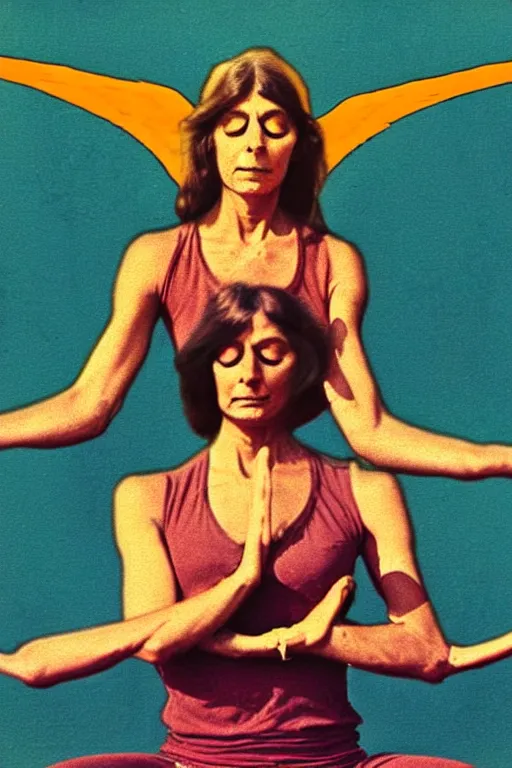Image similar to old realistic photo of an hippie woman as an evil angel doing yoga, photograph, color picture, late 1 9 6 0's, highly detailed, matte, sharp focus, smooth, sharp focus, illustration