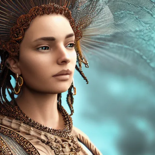 Image similar to a regal brown woman wearing an intricate and detailed armor made of ocean waves. layers. textures. delicate. elaborate. translucent. soft. ethereal. fragile. vulnerable. studio portrait. photorealistic. octane render