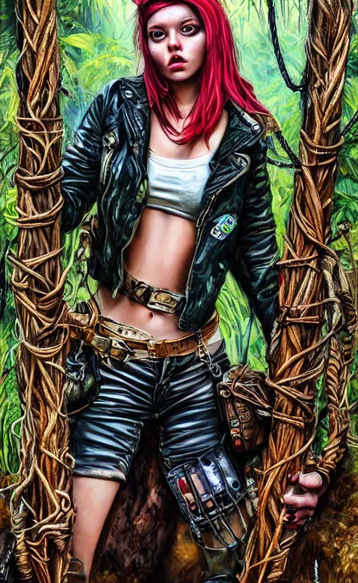 Image similar to cute punk rock girl making selfie in jungles, mad max jacket, renaissance, cables on her body, hyper realistic style, oil painting, fantasy by Olga Fedorova