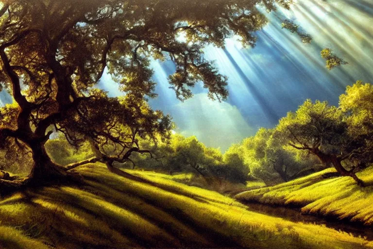 Prompt: masterpiece painting of oak trees on a hillside overlooking a creek, dramatic lighting with god rays, by marc davis