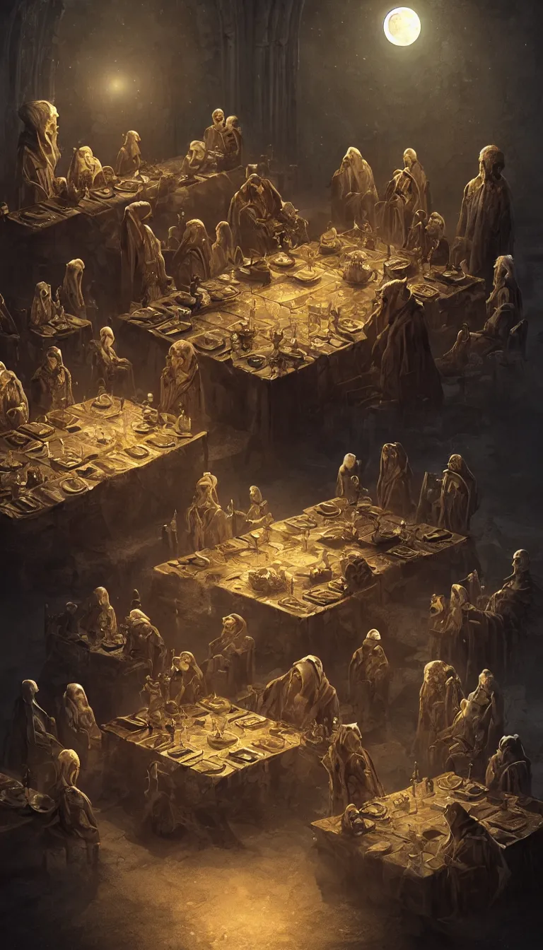 Image similar to A meeting of the council of elders, robed figures sat around a table, beautiful architecture, night time, stars visible, beautiful moon light, concept art, fantasy art, digital art by michal karcz, trending on artstation, highly detailed, 8k