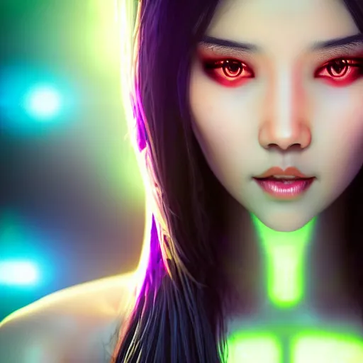 Prompt: a portrait of a full body beautiful futuristic asian girl, young with long hair, neon bioluminescence, horror scene, hyper - realistic, very detailed, intricate, very sexy pose, slight smile expression, unreal engine, by artgerm, wlop and ross thran, dramatic cinematic lighting rendered by octane, 8 k, detailed