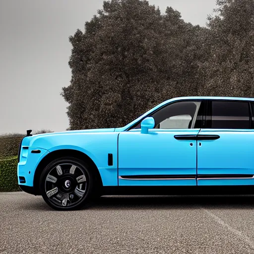 Prompt: Rolls Royce Cullinan, baby blue, black rims, 4k, shot on iPhone