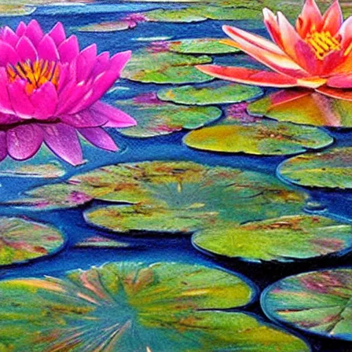 Image similar to A beautiful painting of a waterlily pond, resin art