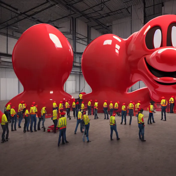 Prompt: crew of workers in red overalls building giant mickey mouse head in warehouse, octane render, 4 k ultra hd, hyper - detailed, realistic, low lighting, sharp focus, in style of beeple