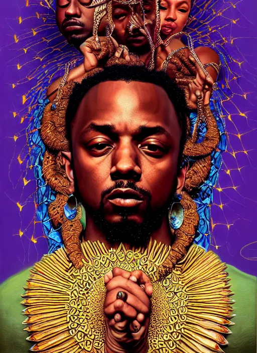 Image similar to : Kendrick Lamar rapper fantasy, fantasy magic,  , intricate, sharp focus, illustration, highly detailed, digital painting, concept art, jahbu art and Paul lewin and kehinde wiley, masterpiece