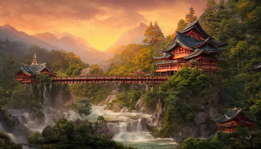 Image similar to rivendell with japanese pagodas built in the mountains with waterfalls and forest at the foot of green gigantic mountains at sunset, fireplace, hyperdetailed, artstation, cgsociety, 8 k