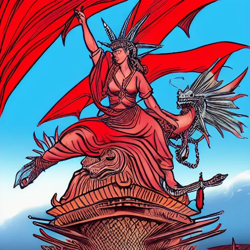 Image similar to Lady Liberty riding the red dragon of china. illustration concept art in the style of Arthur Adams