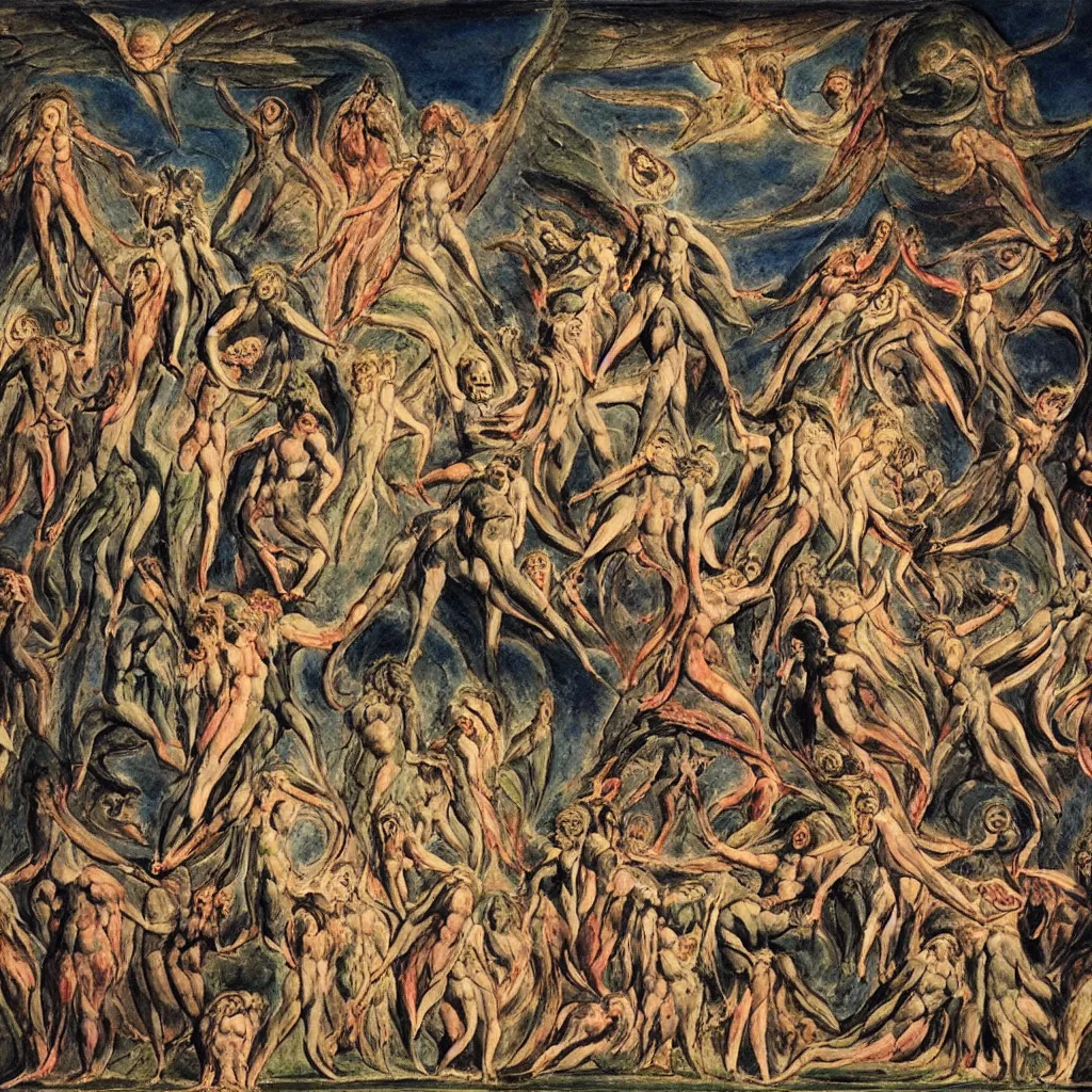 Prompt: apocalyptic rave party with demons and angels dancing, painted by william blake but with a certain psychedelic style, psychdelic and cosmic art