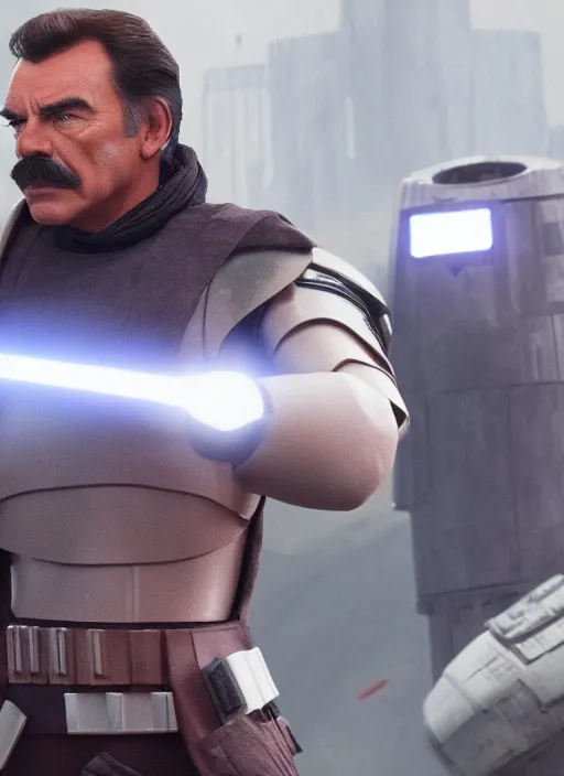 Image similar to film still of tom selleck as cal kestis in star wars jedi fallen order, gameplay, 8 k, hd