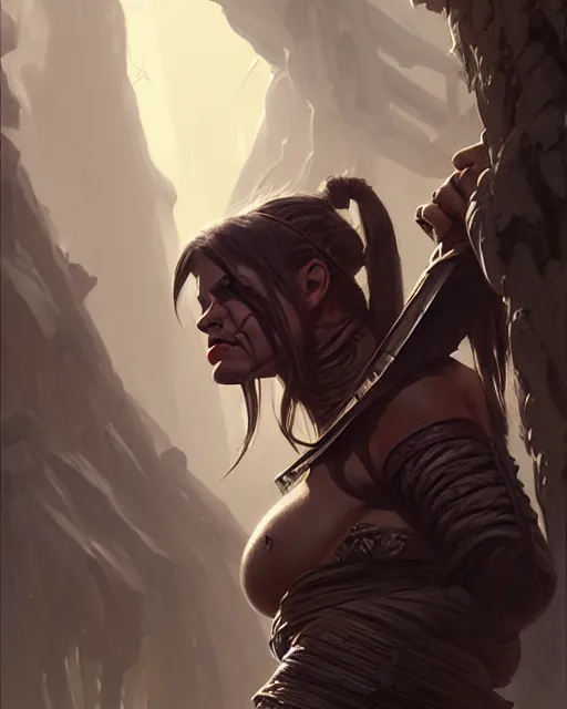 Image similar to a female orc rogue | | realistic shaded, dungeon and dragons, fine details, realistic shaded lighting poster by greg rutkowski, magali villeneuve, artgerm, jeremy lipkin and michael garmash and rob rey
