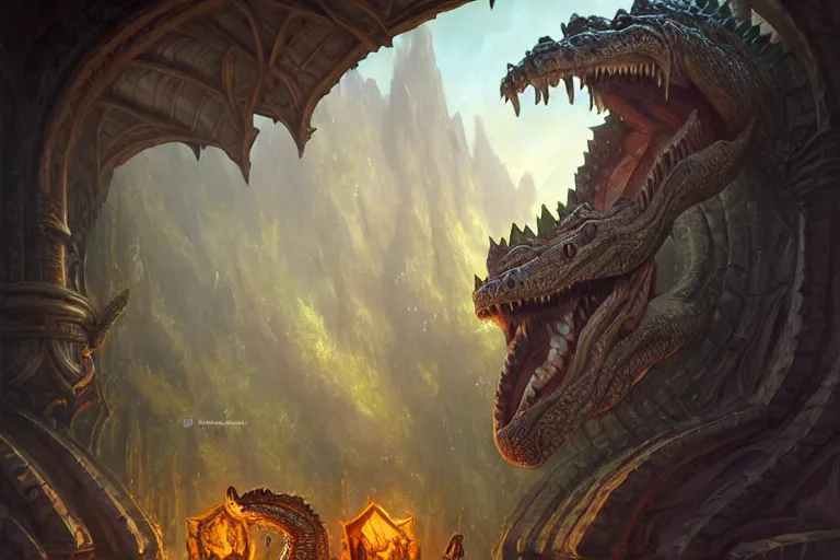 Image similar to crocodile god lair, deep focus, d & d, fantasy, intricate, elegant, highly detailed, digital painting, artstation, concept art, matte, sharp focus, illustration, hearthstone, art by artgerm and greg rutkowski and alphonse mucha